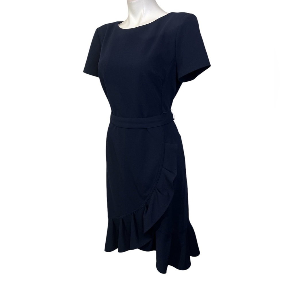 Calvin Klein dress 12 navy blue ruffle tie-waist knee length office career -5 - Picture 3 of 6